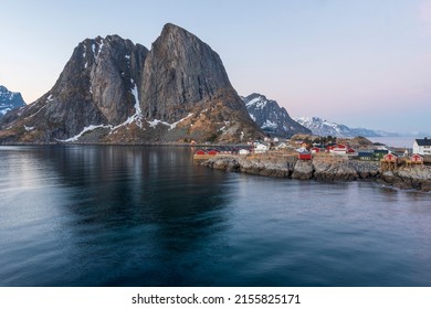 Hamnoy  Reine Lofoten Norway    Traditional Norwegian fisherman s cabins, rorbuer on the island of Hamnøy, Reine on the Lofoten in northern Norway. Photographed at dawn in winter. 