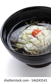 hamo-wan, clear broth with hamo(pike conger eel) and junsai(water shield), japanese cuisine