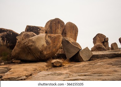 Hampi, India. Boulder Rocks On Hill Overlooking Hampi With Isolated Sky