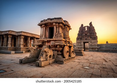 Hampi, Karnataka, India - January 10, 2020: Vijaya Vitthala Temple. Beautifully carved out of a monolith rock, a piece of intricate architectural marvel that the ancients built. - Shutterstock ID 2005425185