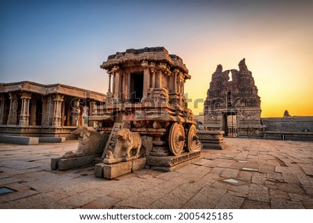 Hampi, Karnataka, India - January 10, 2020: Vijaya Vitthala Temple. Beautifully carved out of a monolith rock, a piece of intricate architectural marvel that the ancients built.