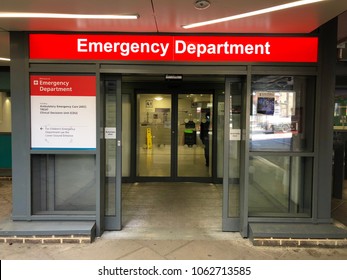 HAMPSTEAD, LONDON - APRIL 5, 2018: Entrance to the Emergency Department at The Royal Free Hospital in Hampstead, North London, UK.