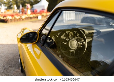 Hampton Court Palace, England - 07.09.2019: Peek At The Interior Yellow Porsche Known As RUF CTR 2019 Based On The Yellowbird