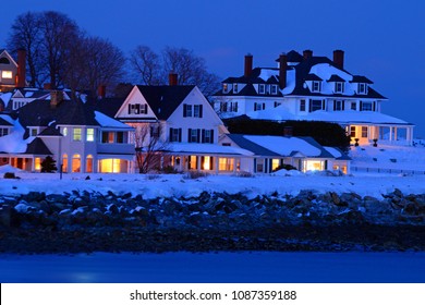 Hampton, NH, USA March 2, 2015 The Lights Of The Seaside Town Of Hampton, New Hampshire Glow During A Winter's Night