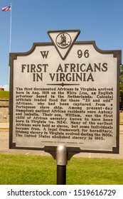 Hampton, Virginia - September 24, 2019 :  Marker commemorating the First African Landing 400th anniversary  in Fort Monroe, Virginia.