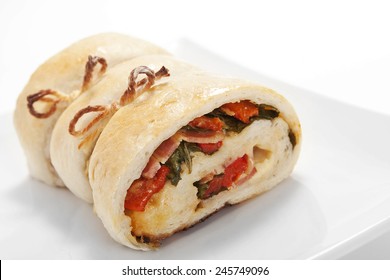 Ham,tomatoes And Spinach Roll Bread On Plate,close Up