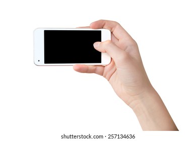 Han Holding A Phone As For A Selfie, Blank Screen, Isolated On White Background