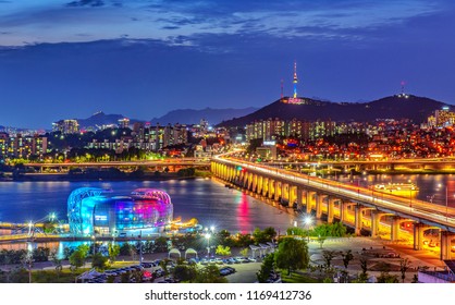 Han River In Night At Seoul Korea