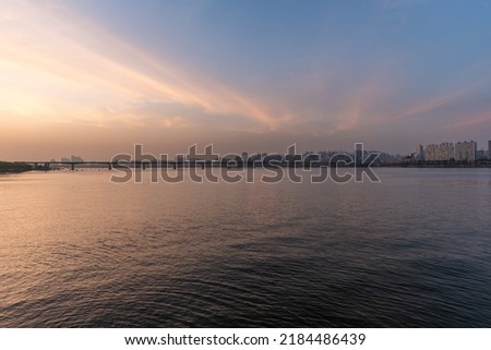 Han river and Seoul cityscape sunset view in South Korea on 23 April 2022