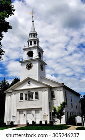 Hancock, New Hampshire - July 11, 2013:  First Congregational Church, built in white clapboard New England colonial style. with a tiered steeple and bell tower holding Bell #236 cast by Paul Revere