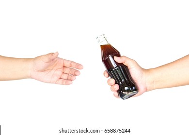 Hand accept a bottle of  cola on white background - Powered by Shutterstock