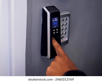 Hand, access and intercom by door with security for entrance, safety and biometric scan for fingerprint. Finger, electronic lock and surveillance system with code, privacy and keypad for entry pin - Powered by Shutterstock