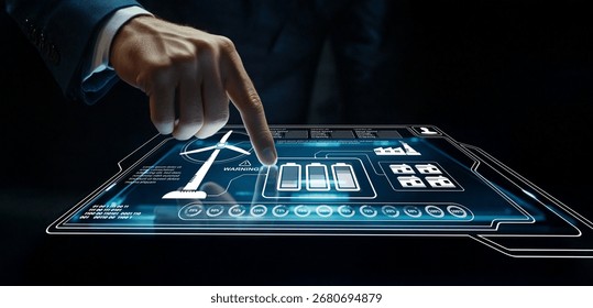 A businessman’s hand activates an advanced touchscreen interface that displays various data graphs and battery levels, representing modern technology use in business. - Powered by Shutterstock - Get 15% off with code: PIKWIZARD15