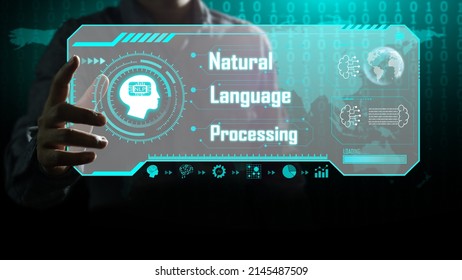 hand activates the virtual screen containing information of natural language processing or NLP world map and binary background in a green tone of technology. Commanding from the brain to AI.