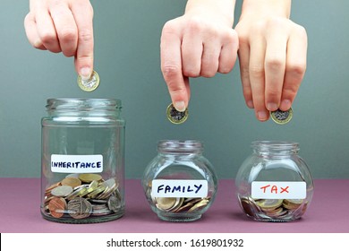 A Hand Adding A Pound Coin To An Inheritance Fund which Is distributed Between Family And Taxes. Concept. - Shutterstock ID 1619801932