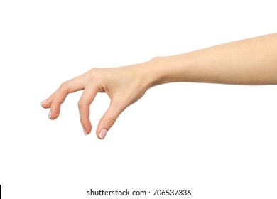 Hand adds in food salt and spices or holding some object isolated on white