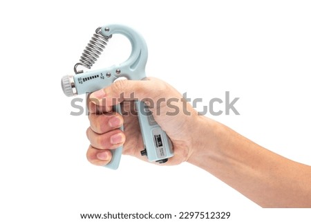 Hand of Adult Man Using Hand Gripping Exercise to Exercise His Fingers, Palm and Forearm on iSolated White Background.