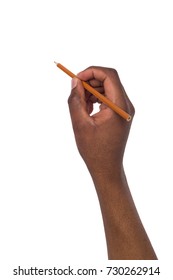 Hand Of African American Holds A Pencil On Isolated White Background