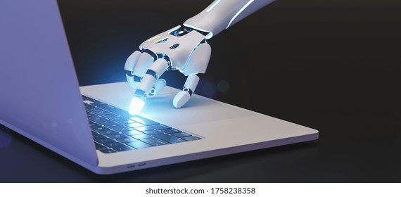 Hand Of A Ai Or KI Robot Is Using The Keyboard Of An Computer Or Laptop 