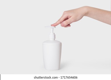 Hand Alcohol Antiseptic Gel Antibacterial Sanitizer Dispenser Pump, Alcohol Gel To Wash Hands, Liquid Soap To Clean Hands Free From Viruses And Diseases. Please Wash Your Hands Concept Photo