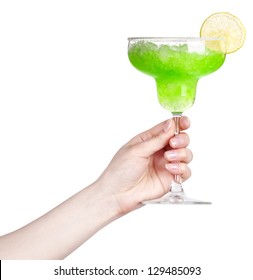 Hand With Alcohol Cocktail Making Toast Isolated On A White Background