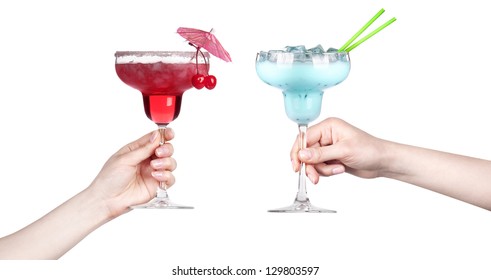 Hand With Alcohol Cocktail Making Toast Isolated On A White Background