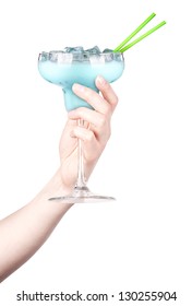 Hand With Alcohol Cocktail Making Toast Isolated On A White Background