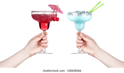 Hand With Alcohol Cocktail Making Toast Isolated On A White Background