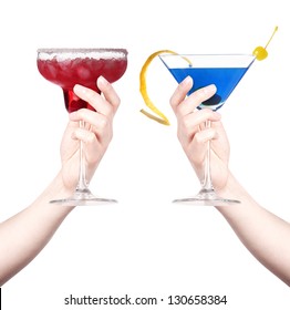 Hand With Alcohol Cocktail Making Toast Isolated On A White Background