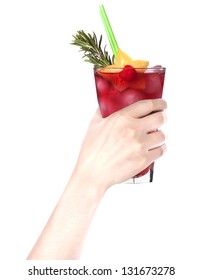 Hand With Alcohol Cocktail Making Toast Isolated On A White Background