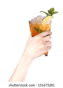 Hand With Alcohol Cocktail Making Toast Isolated On A White Background