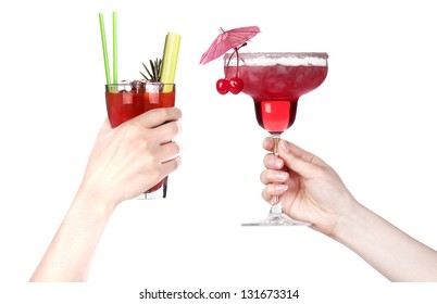 Hand With Alcohol Cocktail Making Toast Isolated On A White Background