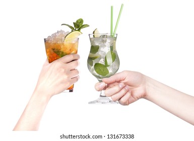 Hand With Alcohol Cocktail Making Toast Isolated On A White Background