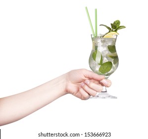 Hand With Alcohol Cocktail Making Toast Isolated On A White Background