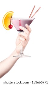 Hand With Alcohol Cocktail Making Toast Isolated On A White Background