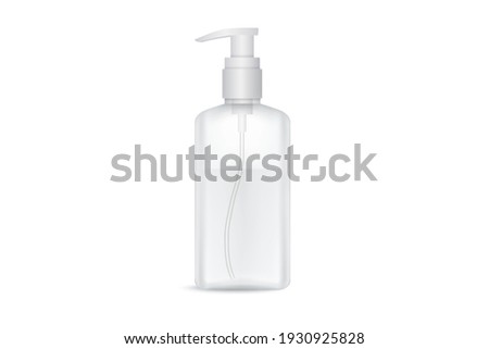 Hand antibacterial sanitizer dispenser pump. Cosmetic bottle with dispenser liquid container for gel, lotion, bath foam 3d illustration realistic mockup isolated on white background. Wash your hands
