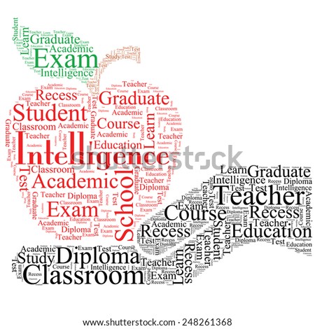 A hand and apple for education is designed with using various words that hold meaning to the overall image.