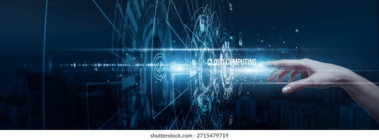 Hand of an IT architect touching scalable cloud computing data services storage, virtualization applications integration, infrastructure accessibility, and innovation networks.