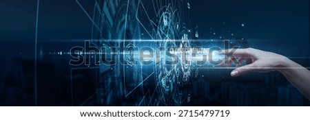 Hand of an IT architect touching scalable cloud computing data services storage, virtualization applications integration, infrastructure accessibility, and innovation networks.