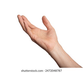 Hand arm isolated white take up hold person. Reach grab man gesture open out background human catch empty. Reaching space product finger object palm adult. Skin young studio - Powered by Shutterstock