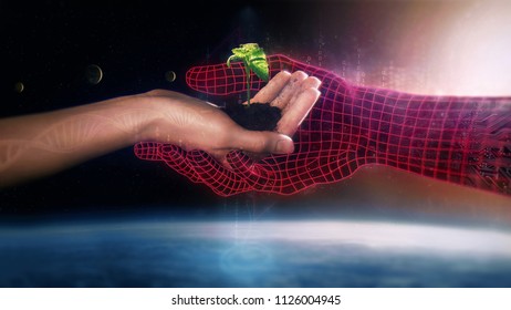 Hand of artificial intelligence support human and nature