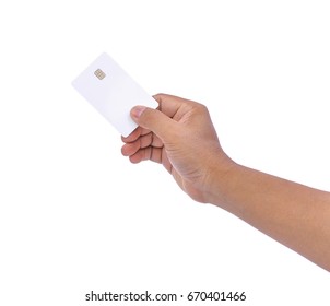 Hand Of Asian Men Holding Blank Credit Card,ATM Card , Isolated On White Background, For Business Concept