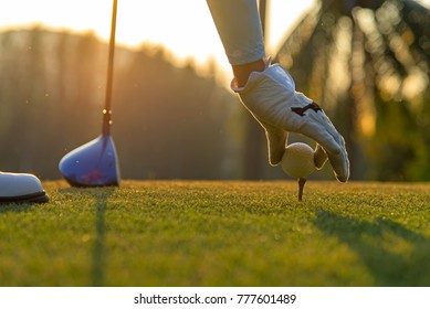 Hand asian woman putting golf ball on tee with club in golf course outdoors on evening and sunset time for healthy power women sport.  Lifestyle Concept
 - Powered by Shutterstock