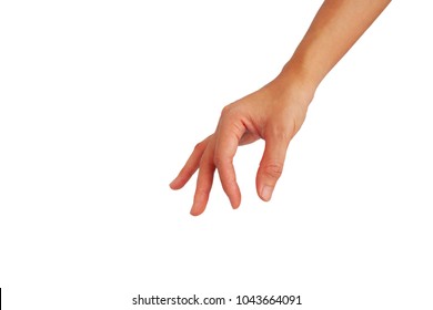 Hand Of Asian Woman Is Reach Down For Catch Something Isolated On White Background