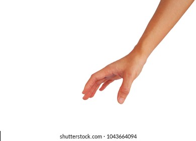 Hand Of Asian Woman Is Reach Down For Catch Something Isolated On White Background