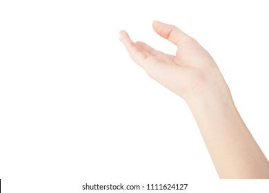 hand of Asian woman is reach palm up for get something isolated on white background