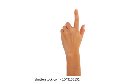 hand of Asian woman is reach up and use forefinger press something isolated on white background - Powered by Shutterstock