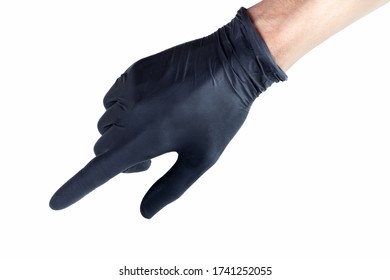 Hand in a black medical protective latex glove pointing gesture isolated on white, cut out. Human hand in rubber glove interface interaction, pointing finger screen touch concept