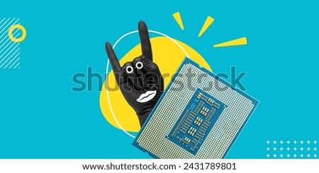 Hand in black rubber glove in gesture of heavy rock, devilish goat and 13th generation processor. Humorous endorsement of coolness of technology, computing power. Minimalist collage. Anthropomorphism