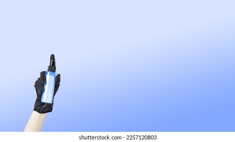 A hand and black rubber glove holding hair care product spray blue gradient background  Banner
